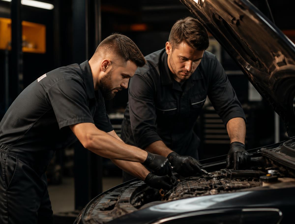 Two Apex Auto Repair mechanics servicing a car engine